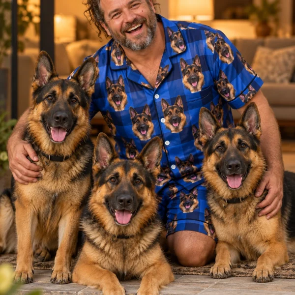 Man in mens German shepherd pajama shorts with his German Shepherd — MyDogPics