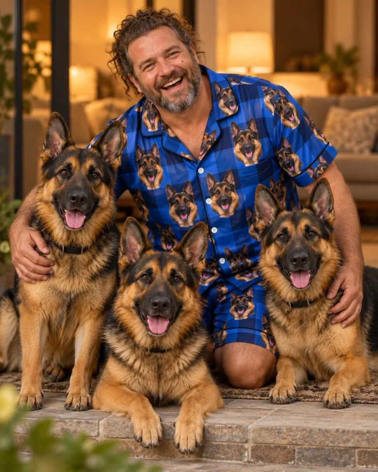Man in mens German shepherd pajama shorts with his German Shepherd — MyDogPics