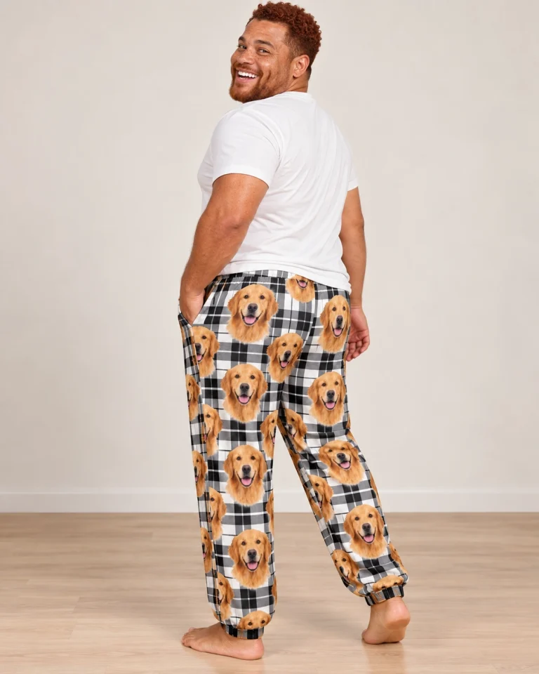 Back view of mens golden retriever pajama pants: the print continues all the way round — MyDogPics