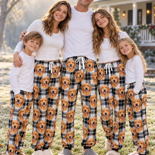 Man and his family in matching mens golden retriever pajama pants with golden Golden Retriever faces — MyDogPics