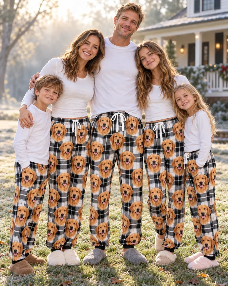 Man and his family in matching mens golden retriever pajama pants with golden Golden Retriever faces — MyDogPics