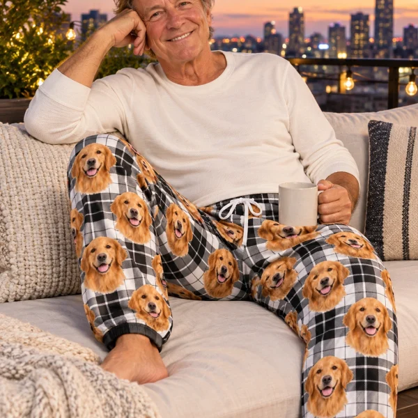 Man sitting in mens golden retriever pajama pants covered in golden Golden Retriever faces — MyDogPics