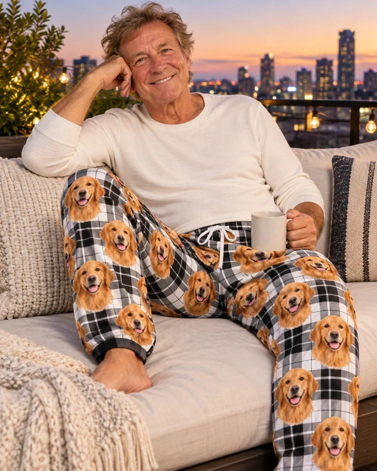 Man sitting in mens golden retriever pajama pants covered in golden Golden Retriever faces — MyDogPics