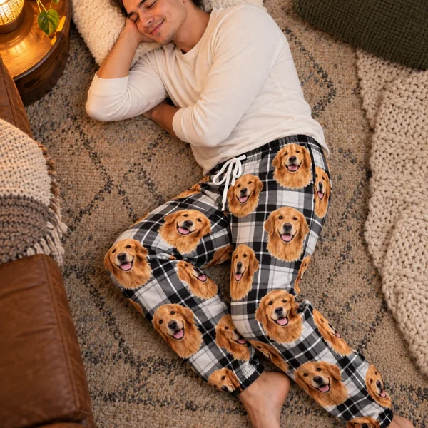 Man sitting in mens golden retriever pajama pants covered in golden Golden Retriever faces — MyDogPics