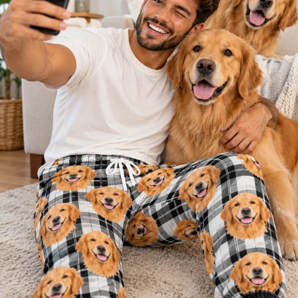 Man in mens golden retriever pajama pants with his Golden Retriever — MyDogPics