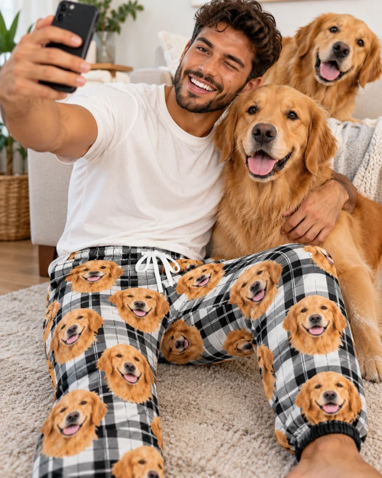 Man in mens golden retriever pajama pants with his Golden Retriever — MyDogPics