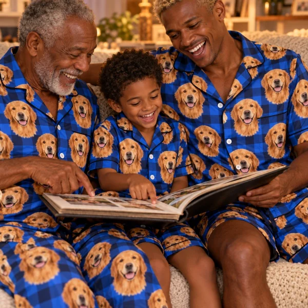 Man and his family in matching mens golden retriever pajama shorts with golden Golden Retriever faces — MyDogPics