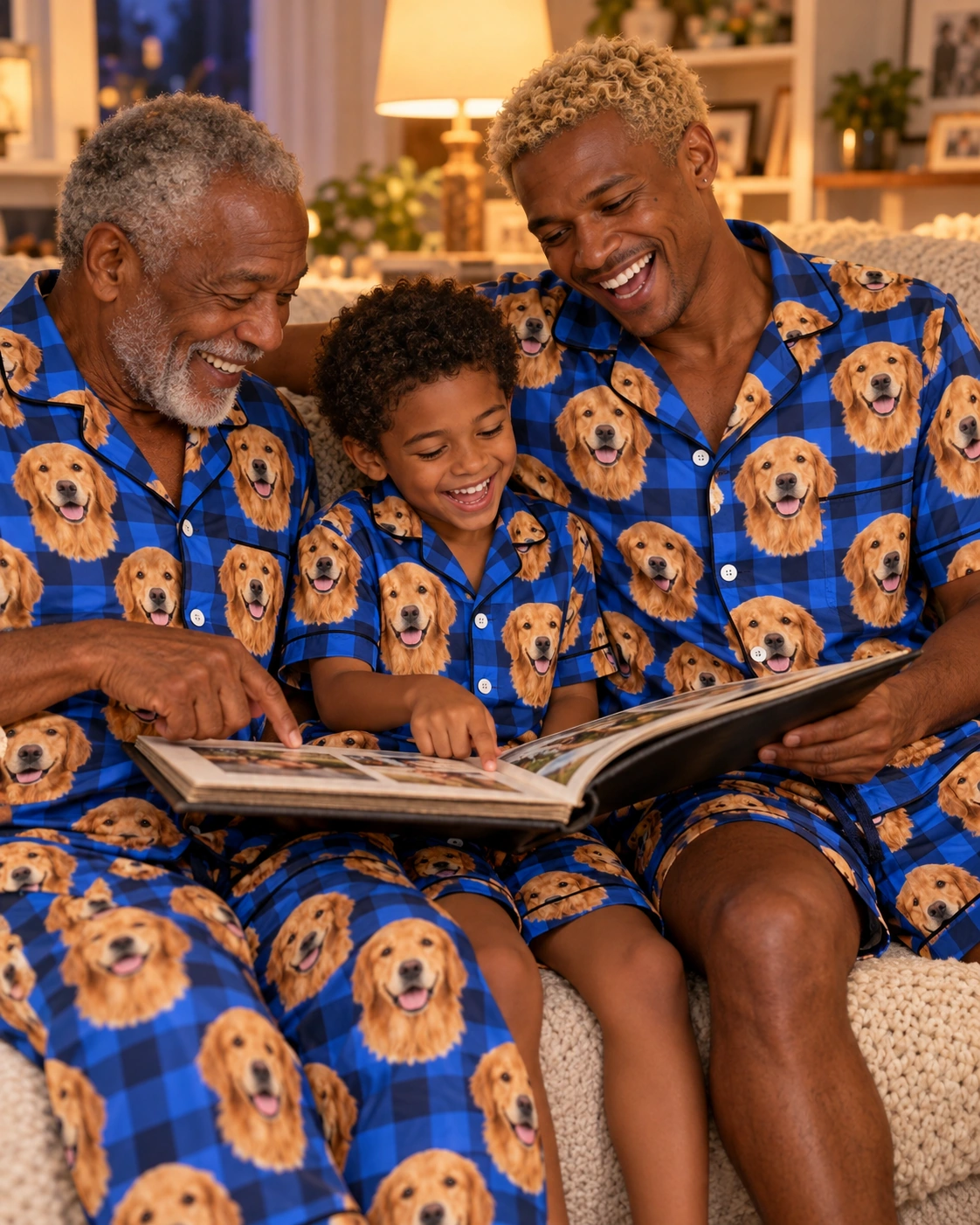 Men’s Golden Retriever Pajama Shorts – Family, Blue Plaid | MyDogPics Man and his family in matching mens golden retriever pajama shorts with golden Golden Retriever faces — MyDogPics