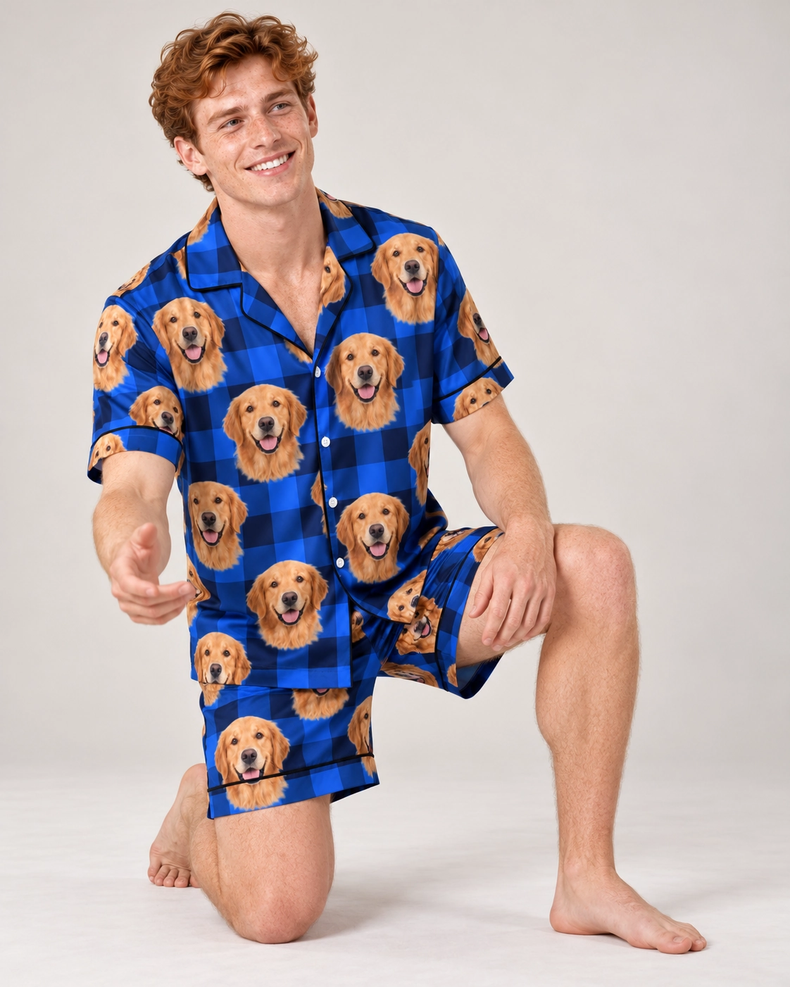 Men’s Golden Retriever Pajama Shorts – Pose, Blue Plaid | MyDogPics Man posing in mens golden retriever pajama shorts, golden Golden Retriever faces on blue plaid satin — MyDogPics