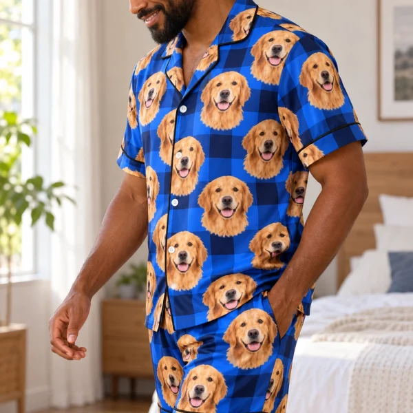 Side view of mens golden retriever pajama shorts with golden Golden Retriever faces on blue plaid satin — MyDogPics