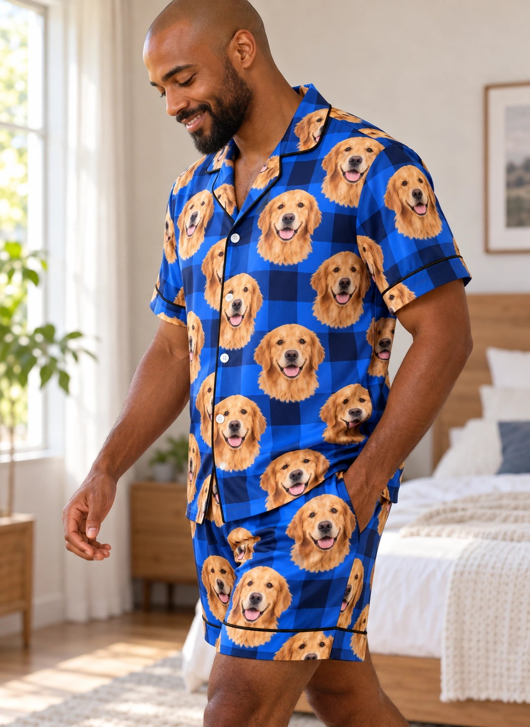 Men’s Golden Retriever Pajama Shorts – Side View, Blue Plaid | MyDogPics Side view of mens golden retriever pajama shorts with golden Golden Retriever faces on blue plaid satin — MyDogPics