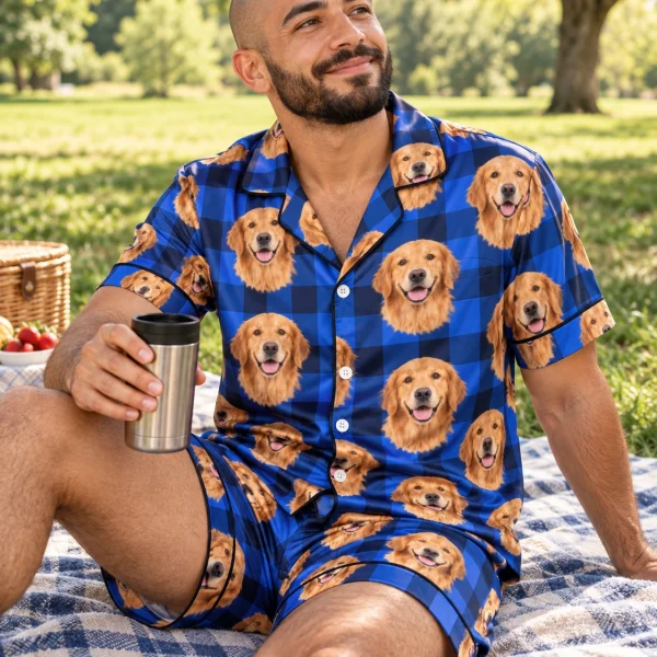 Man sitting in mens golden retriever pajama shorts covered in golden Golden Retriever faces — MyDogPics