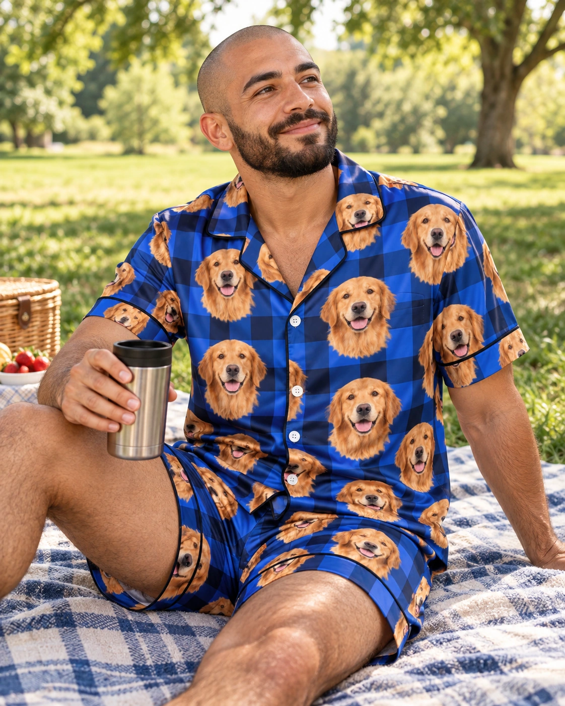 Men’s Golden Retriever Pajama Shorts – Sitting, Blue Plaid | MyDogPics Man sitting in mens golden retriever pajama shorts covered in golden Golden Retriever faces — MyDogPics
