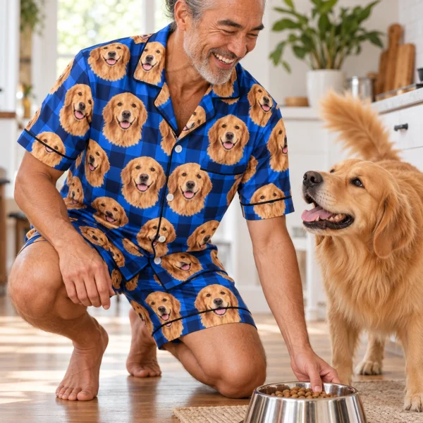 Man in mens golden retriever pajama shorts with his Golden Retriever — MyDogPics
