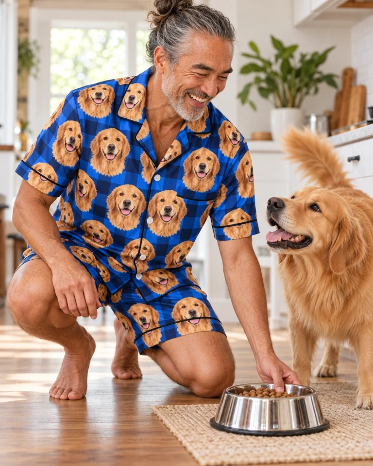 Man in mens golden retriever pajama shorts with his Golden Retriever — MyDogPics