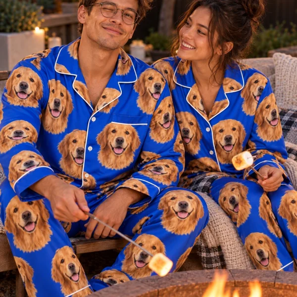 Man and his partner in matching mens golden retriever pajamas with golden Golden Retriever faces — MyDogPics