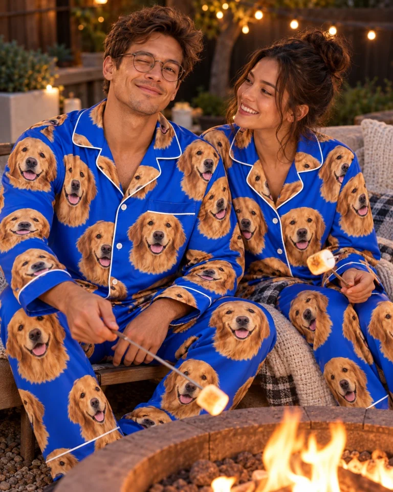 Man and his partner in matching mens golden retriever pajamas with golden Golden Retriever faces — MyDogPics