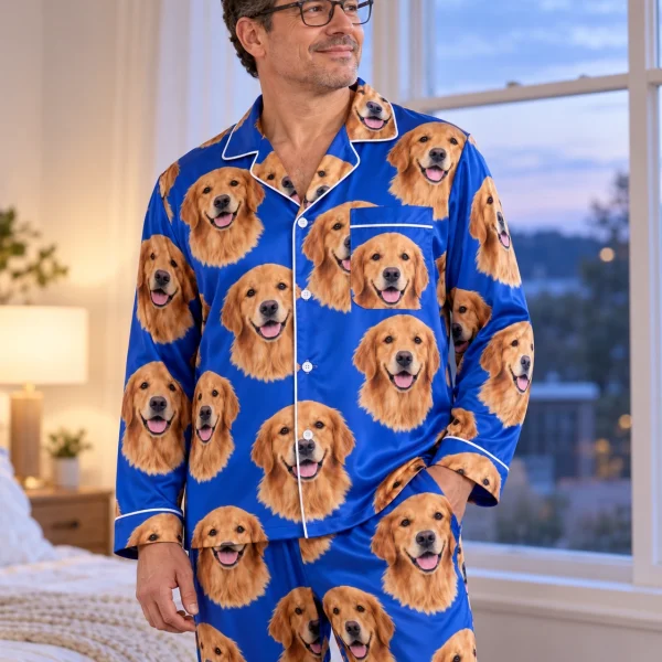 Man wearing mens golden retriever pajamas covered in golden Golden Retriever faces on royal blue satin — MyDogPics