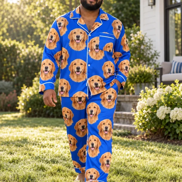 Man posing in mens golden retriever pajamas, golden Golden Retriever faces on royal blue satin — MyDogPics