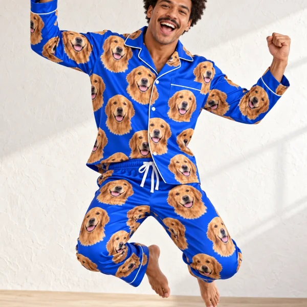 Man posing in mens golden retriever pajamas, golden Golden Retriever faces on royal blue satin — MyDogPics