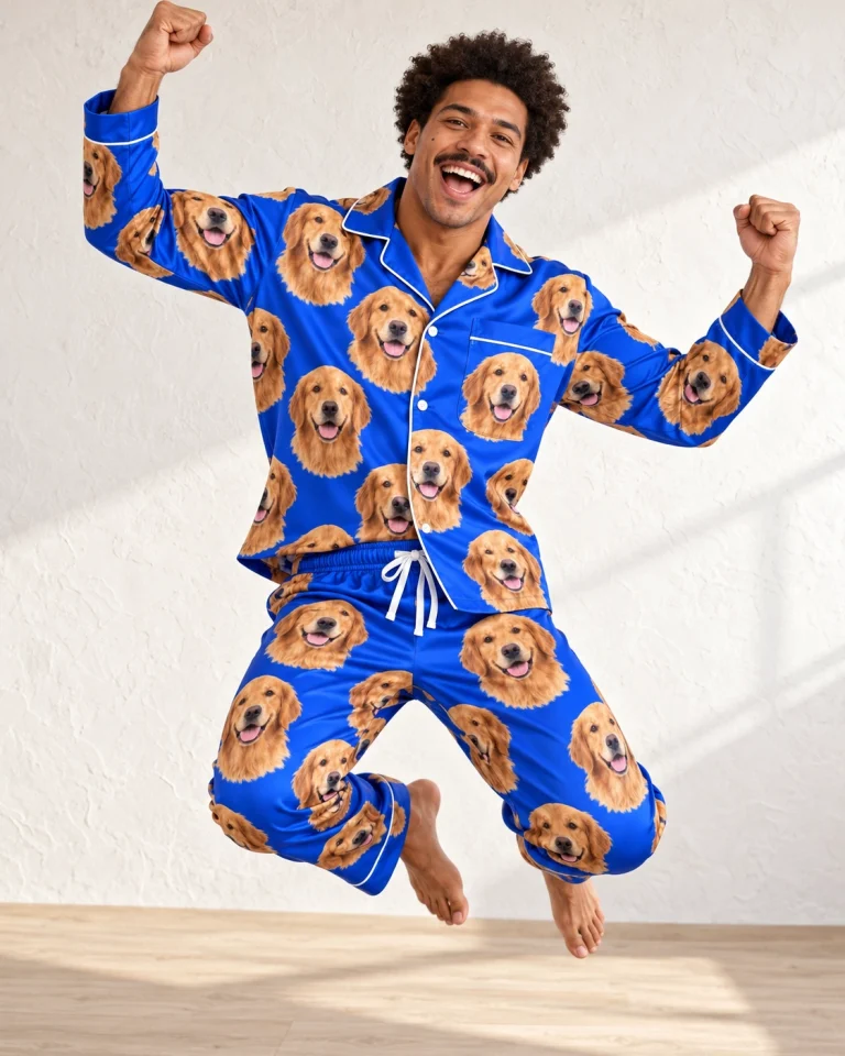 Man posing in mens golden retriever pajamas, golden Golden Retriever faces on royal blue satin — MyDogPics