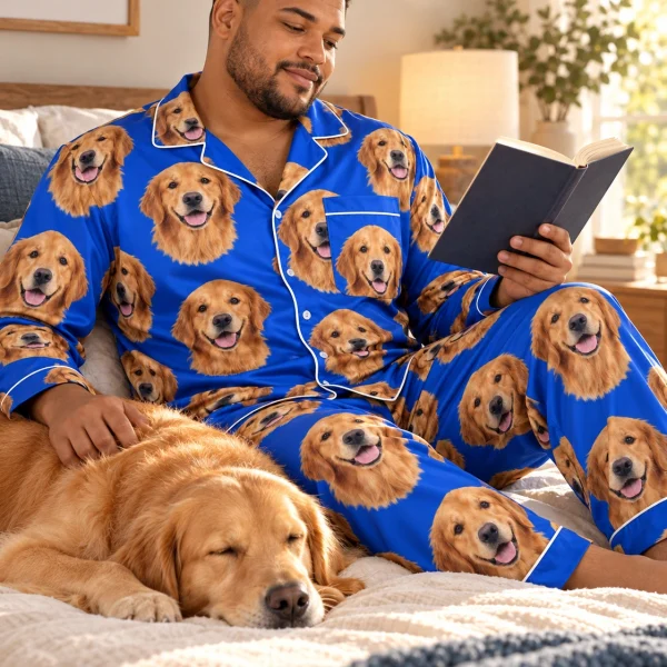 Man in mens golden retriever pajamas with his Golden Retriever — MyDogPics