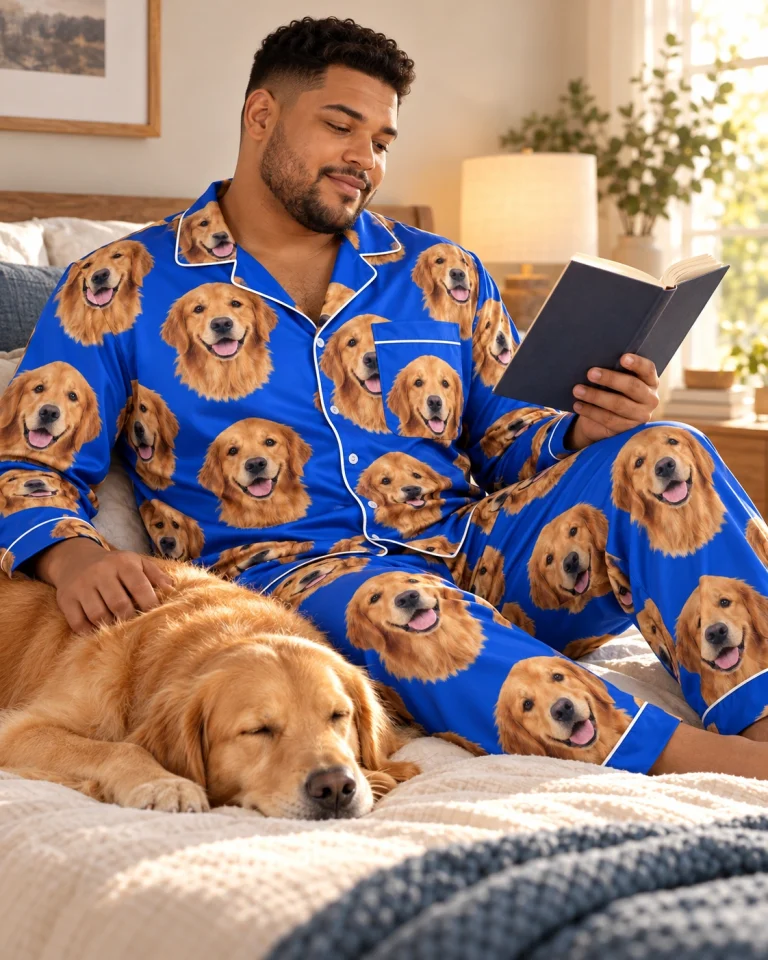 Man in mens golden retriever pajamas with his Golden Retriever — MyDogPics
