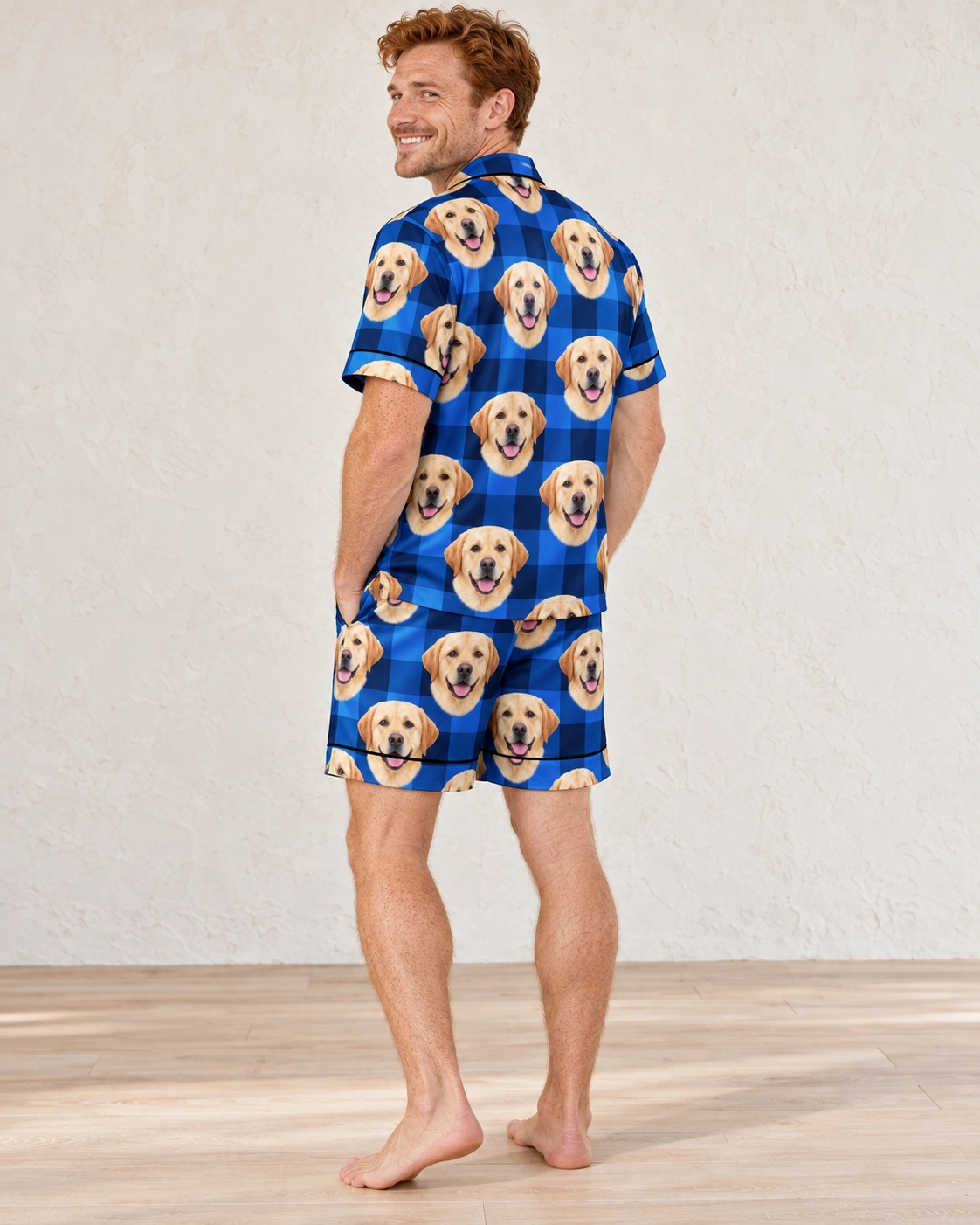 Men’s Labrador Pajama Shorts – Back View, Blue Plaid | MyDogPics Back view of mens labrador pajama shorts: the print continues all the way round — MyDogPics