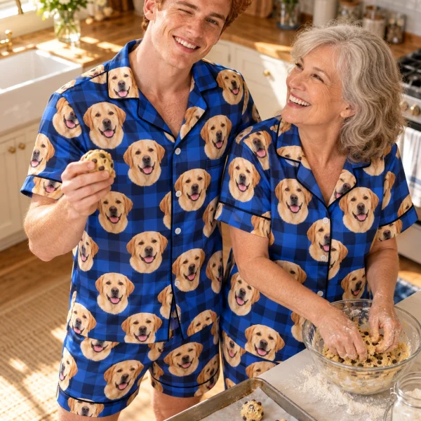 Man and his mother in matching mens labrador pajama shorts with yellow Labrador Retriever faces — MyDogPics