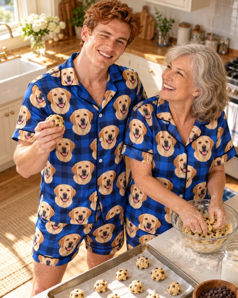 Man and his mother in matching mens labrador pajama shorts with yellow Labrador Retriever faces — MyDogPics