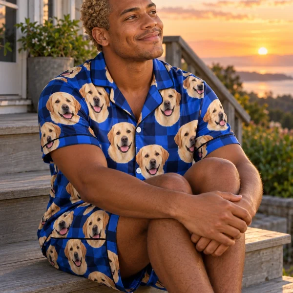 Man sitting in mens labrador pajama shorts covered in yellow Labrador Retriever faces — MyDogPics