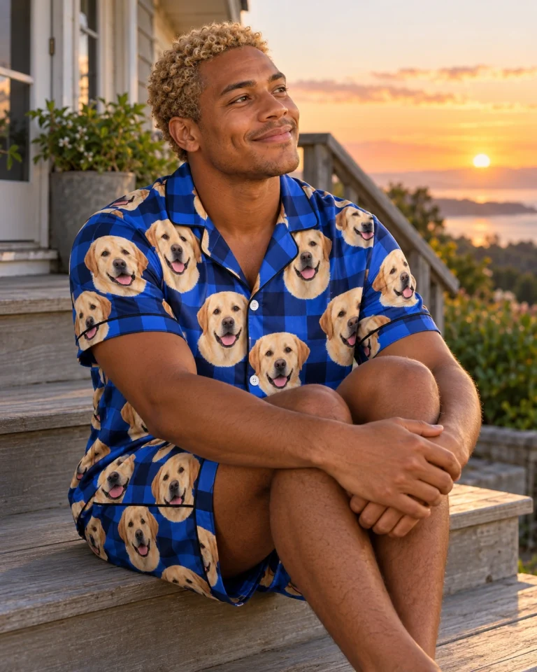 Man sitting in mens labrador pajama shorts covered in yellow Labrador Retriever faces — MyDogPics