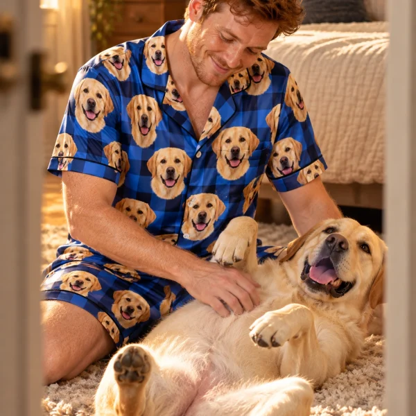 Man in mens labrador pajama shorts with his Labrador Retriever — MyDogPics