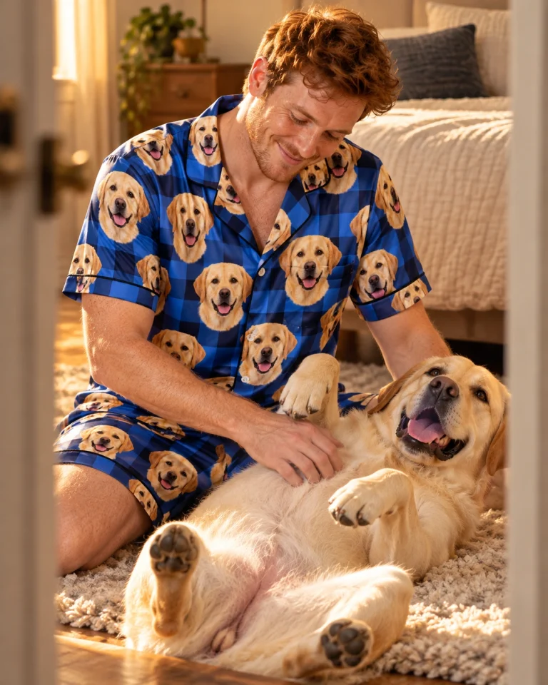 Man in mens labrador pajama shorts with his Labrador Retriever — MyDogPics