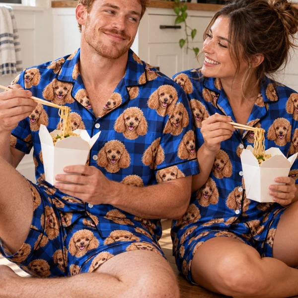 Man and his partner in matching mens poodle pajama shorts with apricot Poodle faces on blue plaid satin — MyDogPics