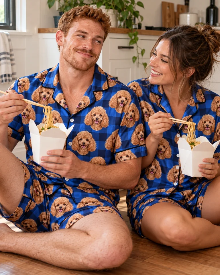 Man and his partner in matching mens poodle pajama shorts with apricot Poodle faces on blue plaid satin — MyDogPics