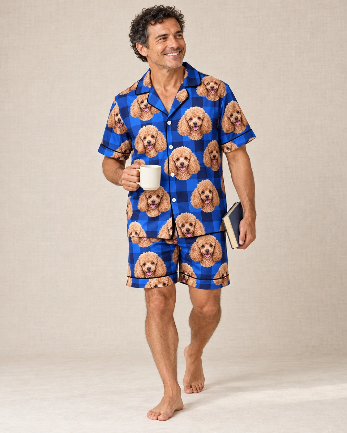 Men’s Poodle Pajama Shorts – Front View, Blue Plaid | MyDogPics Man wearing mens poodle pajama shorts covered in apricot Poodle faces on blue plaid satin — MyDogPics