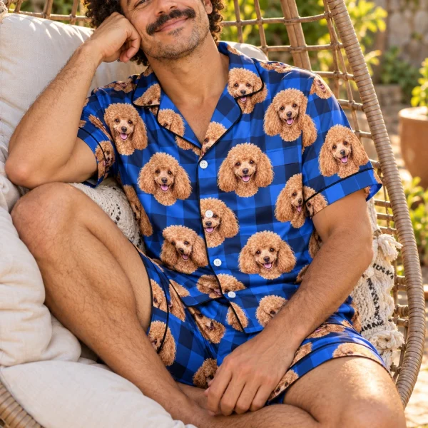 Man sitting in mens poodle pajama shorts covered in apricot Poodle faces — MyDogPics