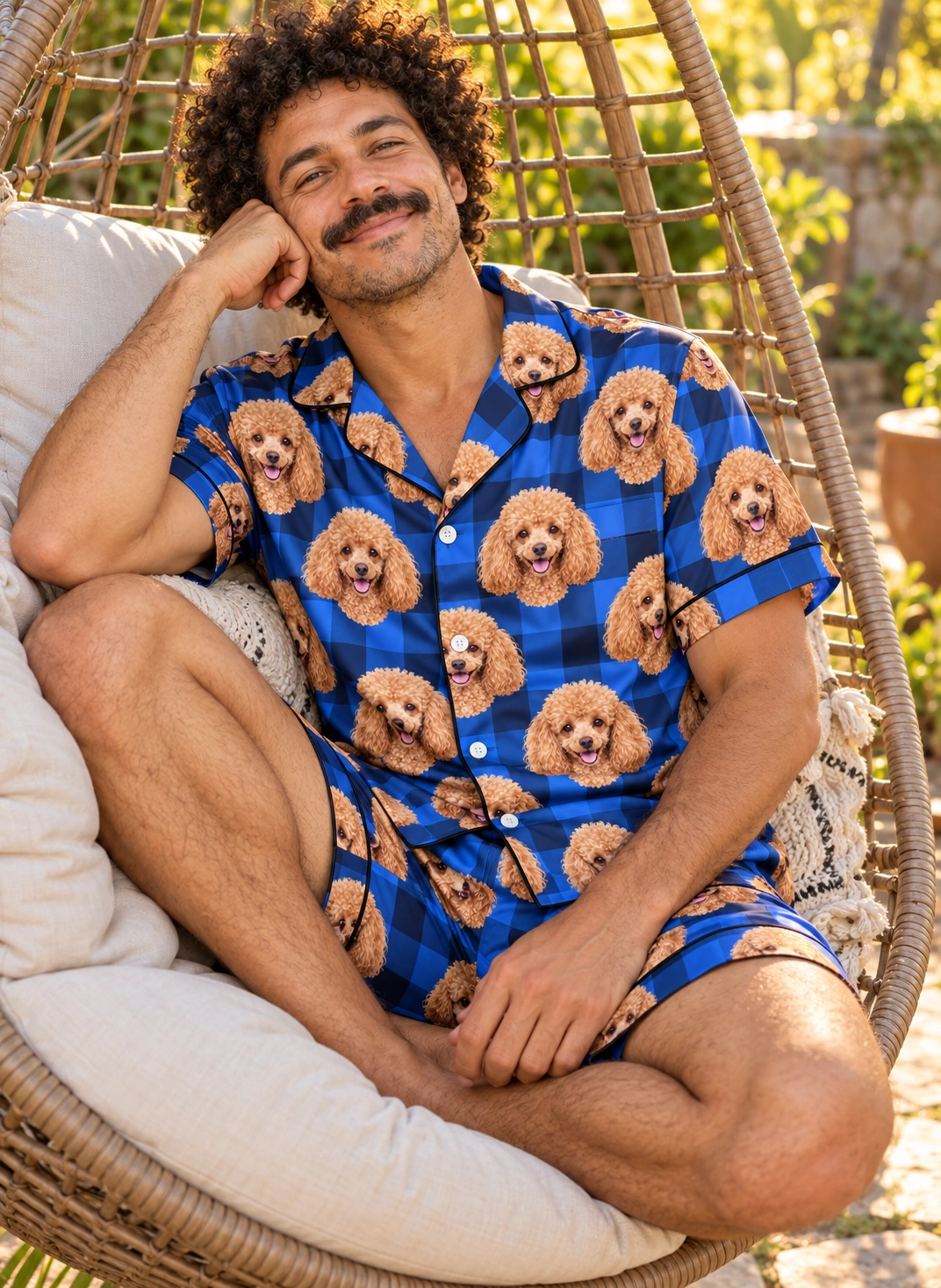 Men’s Poodle Pajama Shorts – Sitting, Blue Plaid | MyDogPics Man sitting in mens poodle pajama shorts covered in apricot Poodle faces — MyDogPics