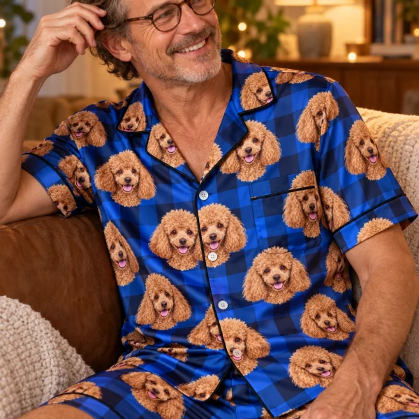 Man sitting in mens poodle pajama shorts covered in apricot Poodle faces — MyDogPics