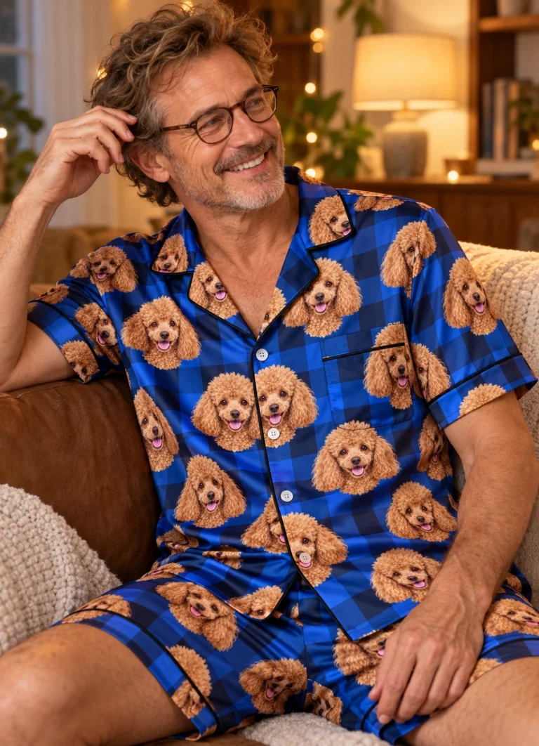 Man sitting in mens poodle pajama shorts covered in apricot Poodle faces — MyDogPics