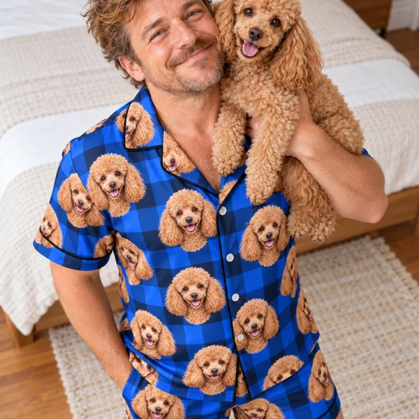 Man in mens poodle pajama shorts with his Poodle — MyDogPics