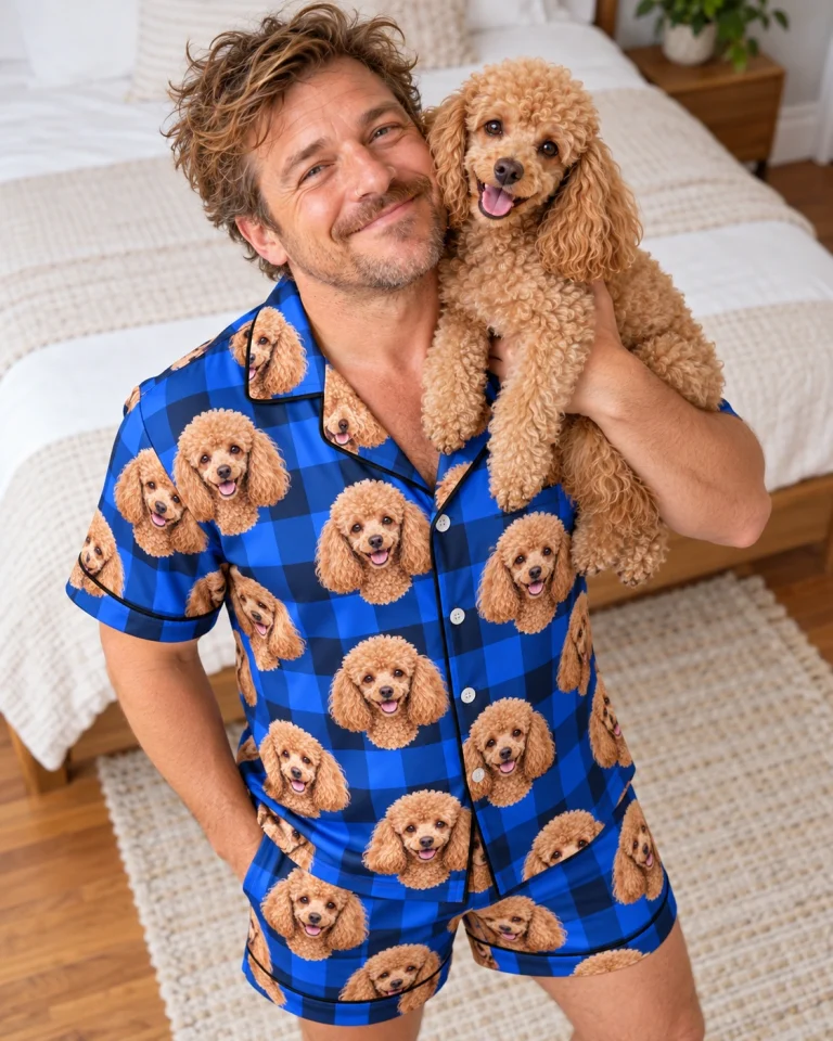 Man in mens poodle pajama shorts with his Poodle — MyDogPics