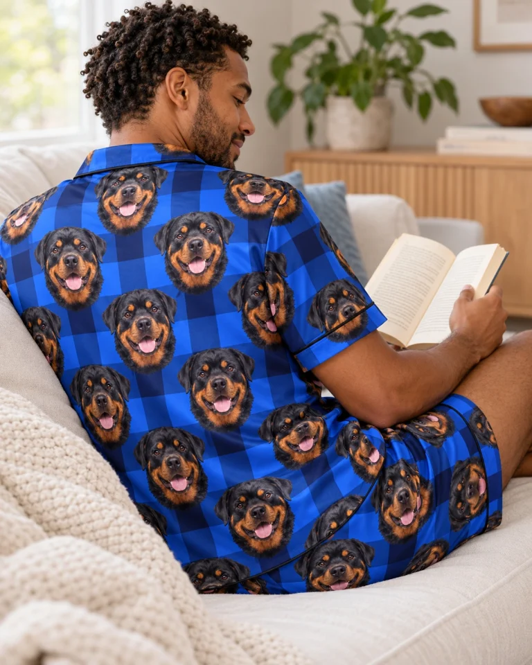 Back view of mens rottweiler pajama shorts: the print continues all the way round — MyDogPics