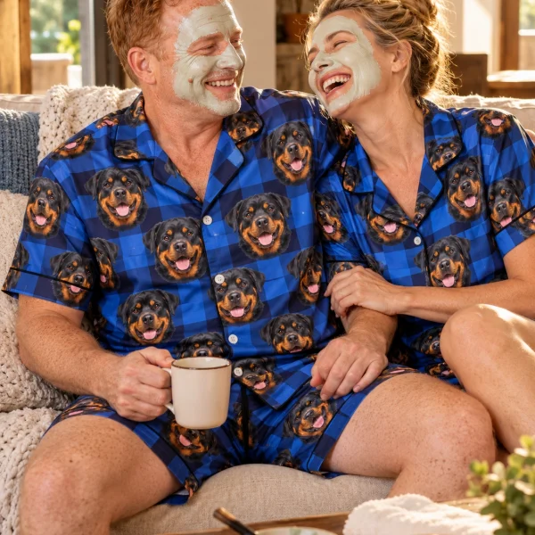 Man and his partner in matching mens rottweiler pajama shorts with black-and-mahogany Rottweiler faces — MyDogPics