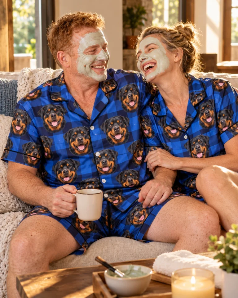 Man and his partner in matching mens rottweiler pajama shorts with black-and-mahogany Rottweiler faces — MyDogPics