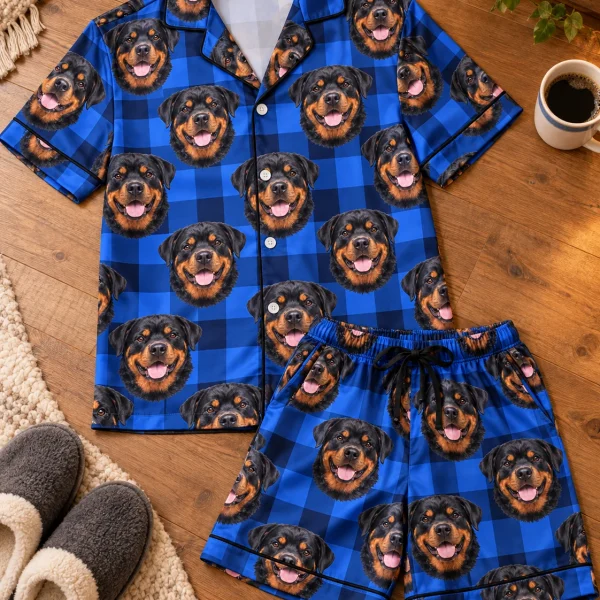 Flat lay of mens rottweiler pajama shorts: shirt and shorts covered in black-and-mahogany Rottweiler faces — MyDogPics