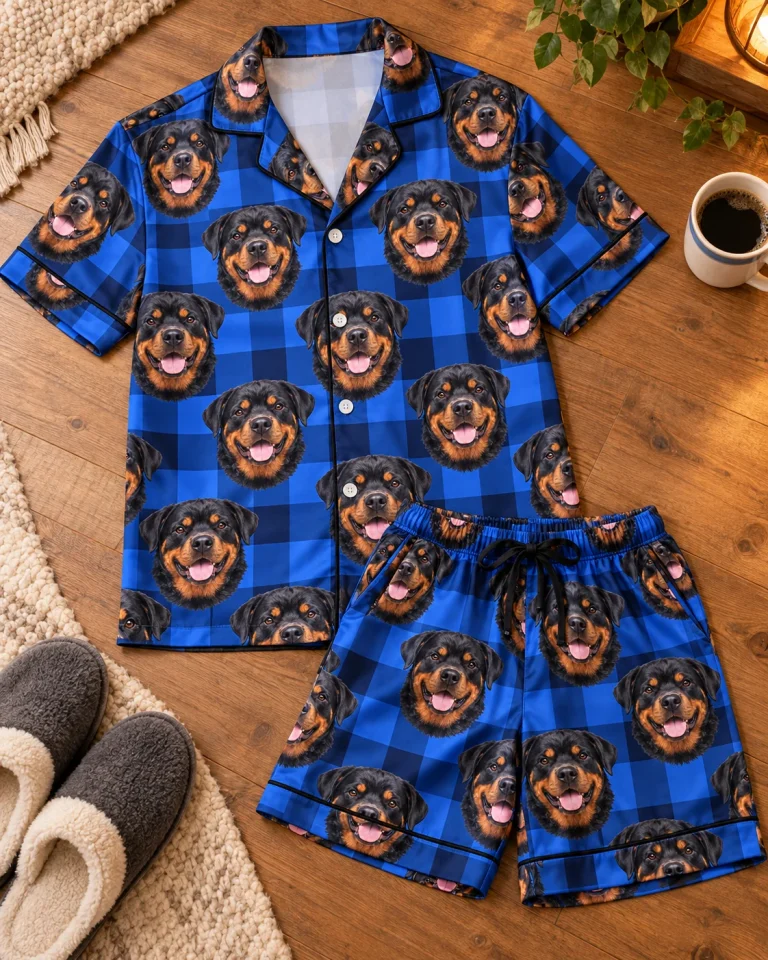 Flat lay of mens rottweiler pajama shorts: shirt and shorts covered in black-and-mahogany Rottweiler faces — MyDogPics
