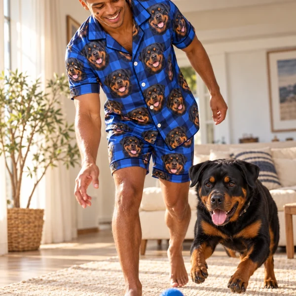 Man in mens rottweiler pajama shorts with his Rottweiler — MyDogPics