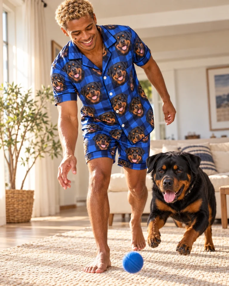 Man in mens rottweiler pajama shorts with his Rottweiler — MyDogPics